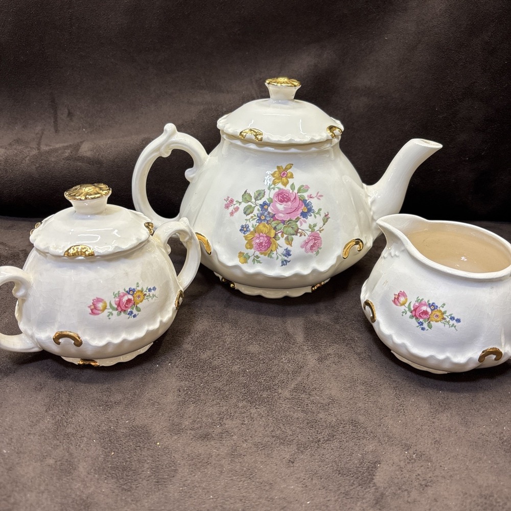 Vtg American Art Teapot Sugar Bowl Creamer Roses Blue Flower By Edna Bullock